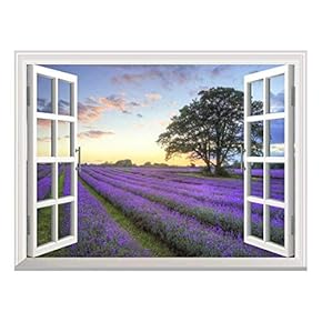 Removable Wall Sticker/Wall Mural - Sunrise on a Purple Filed | Creative Window View Wall Decor - 24"x32"