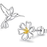 OHAYOO Hummingbird Stud Earrings Set – 925 Sterling Silver Animal Earrings with Octopus Moonstone, Paw Print & Swan, Ocean & Forest Jewelry Gifts for Women, Summer Graduation Birthday