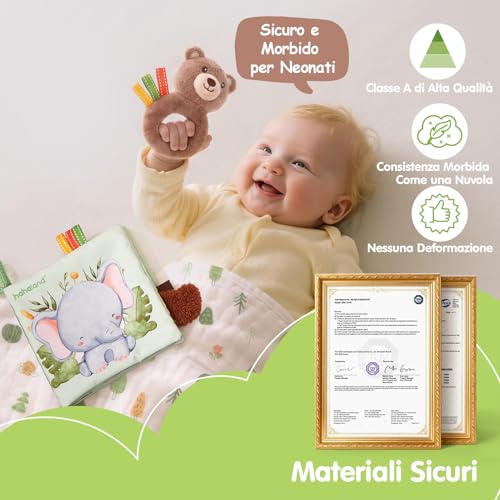 hahaland Regalo Nascita Bimba Bimbo - 9 in 1 Set Neonato Regalo Nascita con Libri Stoffa & Polso e Calzini Sonaglio Sensoriali & Mussole Neonato - kit Neonato per Baby Shower Unisex