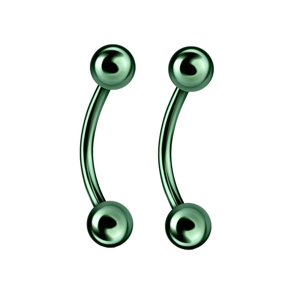 PiercedOff Green Titanium IP over 316L Surgical Steel 1.6mm Curved Barbell with 4mm Balls - Length 10mm - Sold as a Pack of 2 Barbells