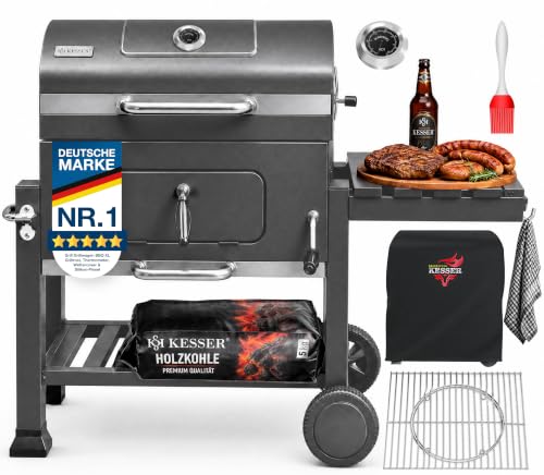 KESSER® Holzkohlegrill XL Grillwagen Set mit Deckel & Thermometer – BBQ Kohlegrill Wagen, Smoker Grill, Standgrill mit Grillrost, Rädern, Warmhalteros