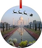 Santa and Sleigh Riding Over The Taj Mahal-Agra, Uttar Pradesh, India-Vintage Style-Round Aluminum Christmas Ornament with a Red Satin Ribbon/Holiday Hanging Tree Ornament/Double-Sided Decoration/Great Unisex Holiday Gift!