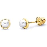 14k Yellow Gold 3mm Freshwater Cultured Pearl Diamond Cut Round Stud Earrings with Screw Back
