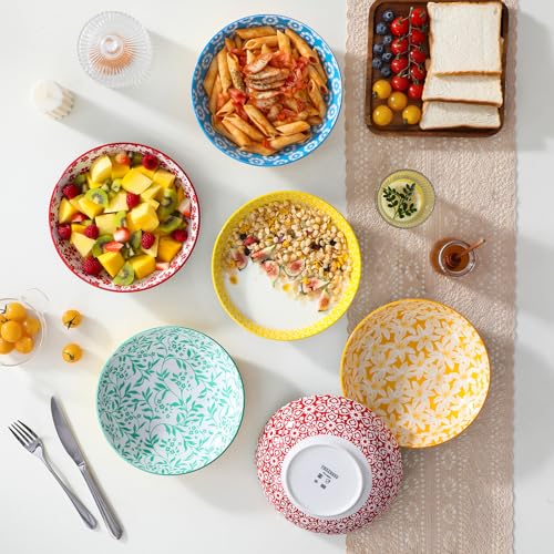 vancasso Selene 40 OZ Colorful Floral Pasta Bowls Set of 6, 1200 ML 8.5 Inch Large Ceramic Serving Bowls for Salad, Soup, Noodles, Fruit, Microwave and Dishwasher Safe Dinner Sets, House-Warming Gift