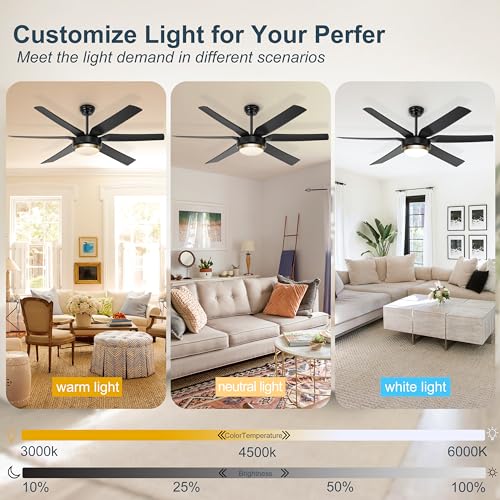 Ohniyou - Ventiladores de techo con luces, ventilador de techo negro de 56 pulgadas, control remoto/aplicación, regulable, silencioso motor de CC para interiores y exteriores