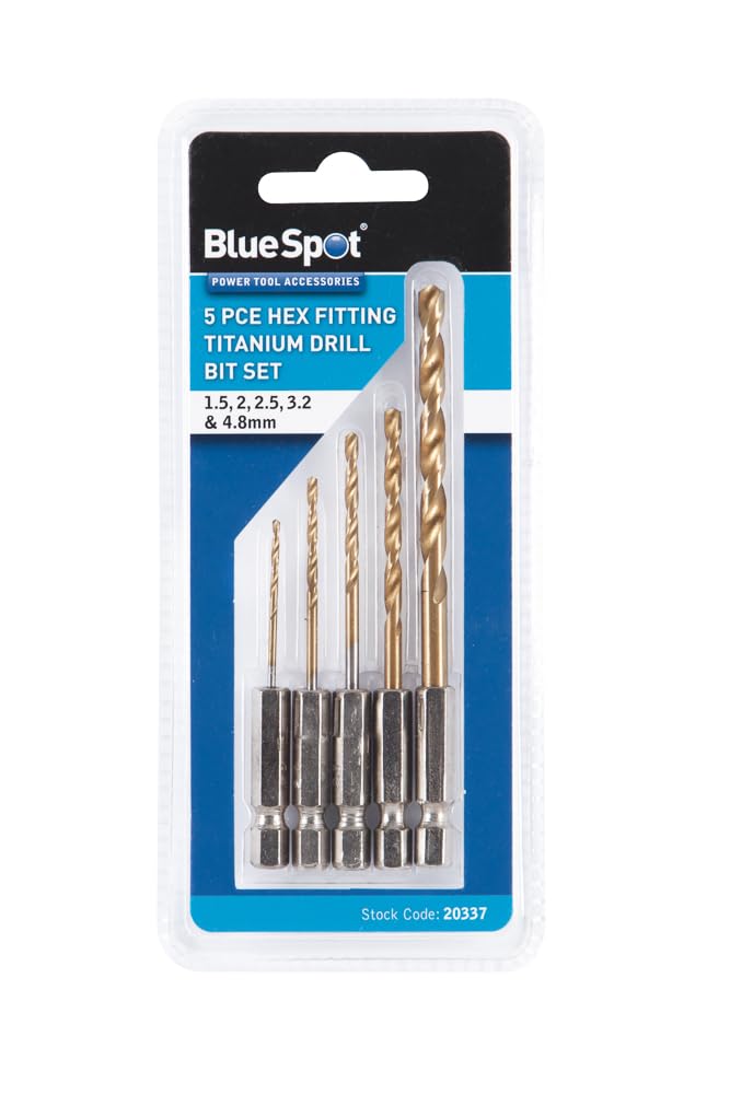 Blue Spot Tools 5PCE Titanium Coated Hex Fitting Drill Bit Set, 1/4" Hex, Sizes 1.5, 2, 2.5, 3.2, 4.8mm