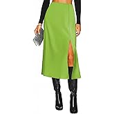 Women's Side Slit A Line Satin Midi Skirt Elastic High Waisted Cheetah Leopard Print Silk Long Skirts for Women