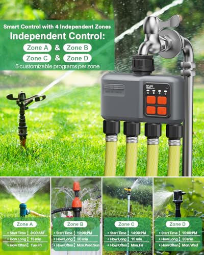 Smart WiFi Water Timer 4-Zone, Sprinkler Timer with with 984 Feet RF Gateway, 4 Outlets Hose Timer with Rain Delay, Wireless Irrigation Timer with Automatic/Manual for Garden/Lawn