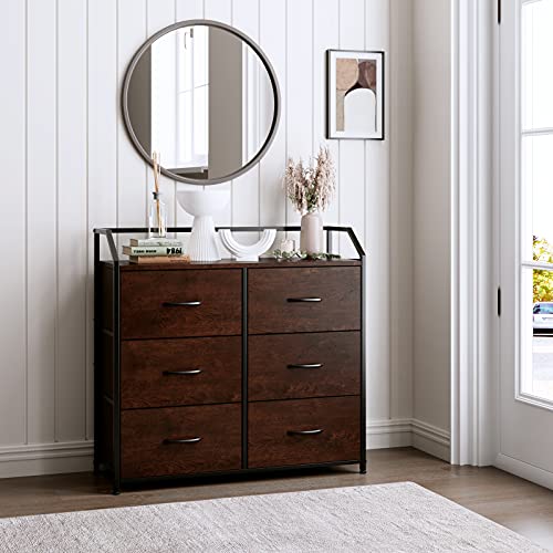 HOMECHO Fabric Dresser with 6 Drawers, Wide Chest of Drawers with Wood Top, Sturdy Metal Frame