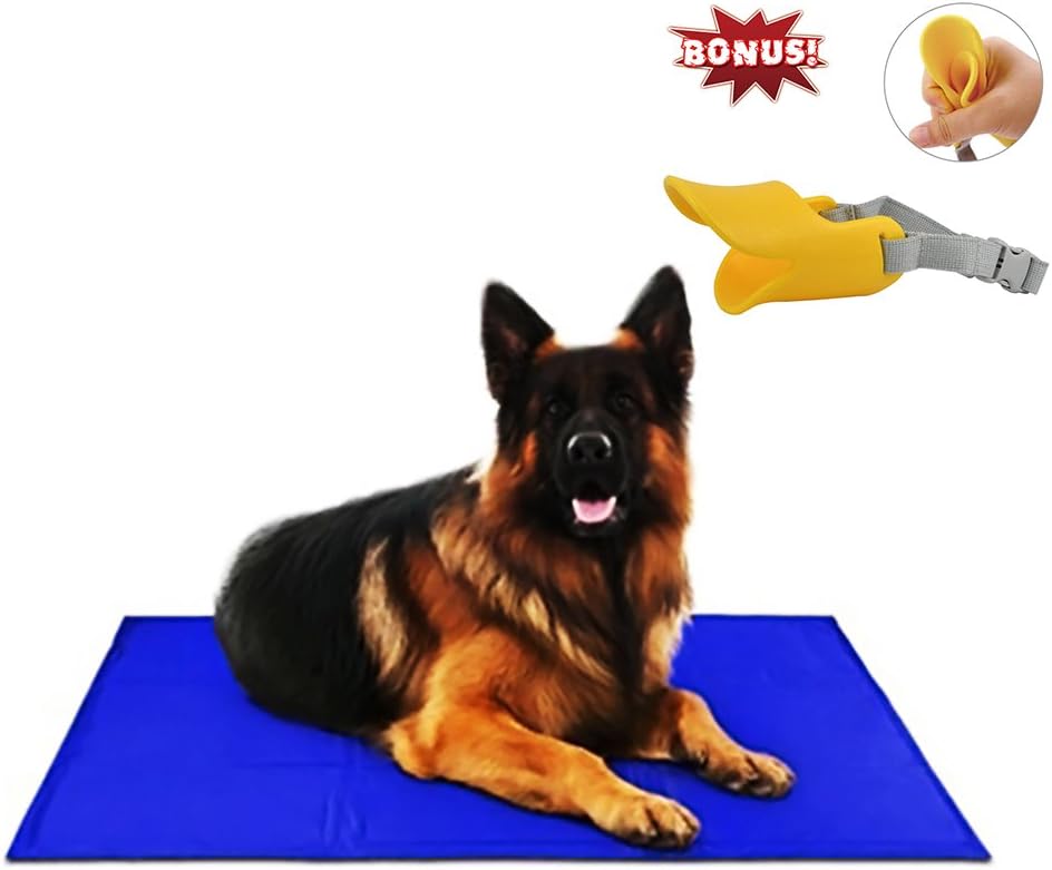 Pet Cooling Mat for Dogs and Cats, Self Cooling Pad, S/M/L Available Pressure Activated Comfort Cooler Non-Toxic Gel Mat 30" x 40", Blue w/Pet Muzzle by Free Paws