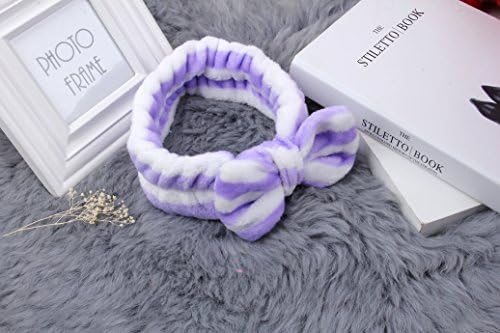 2 Pack JinKen Bow Hair Band, Soft Carol Fleece Bowknot Bow Makeup for Washing Face Shower Spa Mask, Soft and Cute Big Hairlace for Women and Girls (Violet Stripe)
