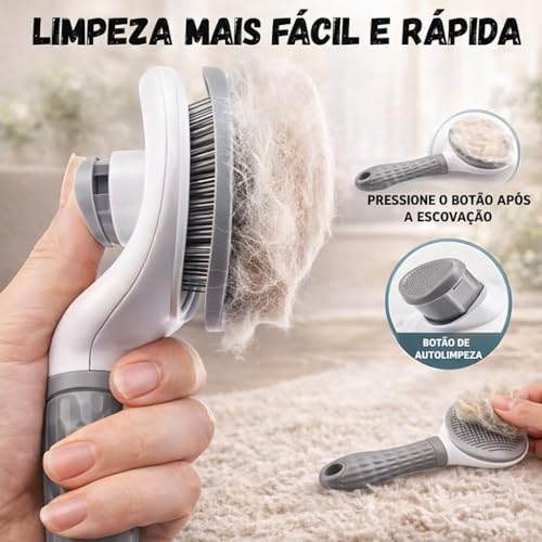 Escova Pet Removedora de Pelos para Cães e Gatos Autolimpante com Cerdas Flexíveis Resistentes e Cabo Anatômico (Cinza)
