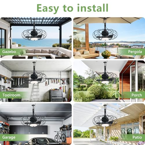 AHAWILL 20" Black Outdoor Ceiling Fan with Light and Remote/APP,3CCT 6 Speed Gazebo Fan Outdoor Hanging Hook,IP65 Waterproof Plug in Ceiling Fan for Patios, Garage, Porch, Pergola,Canopy