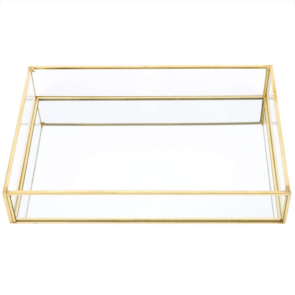 Gold Tray Jewelry Cosmetics Display Boxes Vintage Mirror Tray Metal Glass Storage Box Cosmetics Vanity Storage (Large)