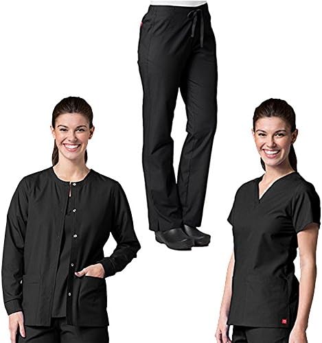 Red Panda 3 Piece Scrub Set (V-Neck Top, Half Elastic Pants, Snap Front Jacket) (Medium, Black)