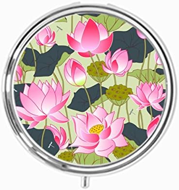 Udoosun Blooming Pink Lotus Flowers Leaves Buds And Lotus Flowers Custom Personlized Round Tablet Medicine Pocket Purse Travel Pill Vitamin Decorative Box Case Holder