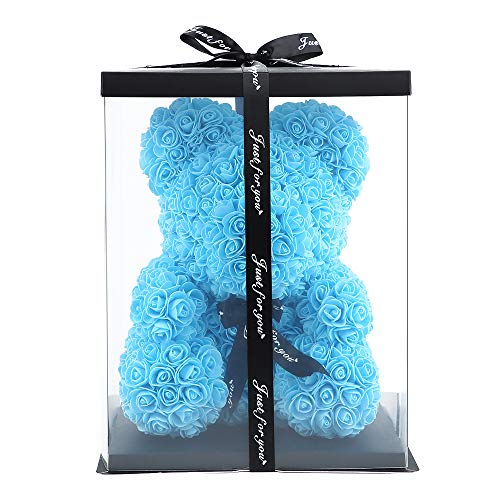 blue rose bear with box