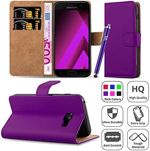 Galaxy A5 2017 Case, [Premium Leather] Wallet Book Card Case Cover Pouch For Samsung Galaxy A5 2017 [Free Screen Protector With Microfibre Polishing Cloth] &amp; [Free Touch Stylus] (Purple)