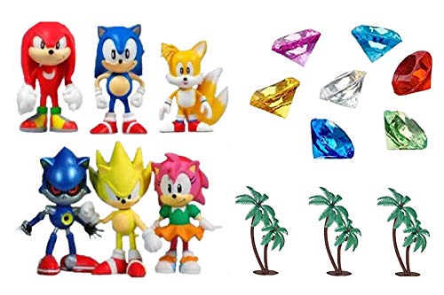 Classic Sonic and Friends 15 Piece Figure Play Set Featuring Sonic Figures, Themed Palm Trees and Sonic Themed Gems