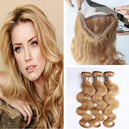Ruma Hair #27 Body Wave 360 Elastic Band Lace Frontal With Bundles 4Pcs Lot Honey Blonde Wavy Virgin Human Hair Weave With 22.5x4x2'' Pre Plucked Full Lace Frontal Closure (16+18 20 22)