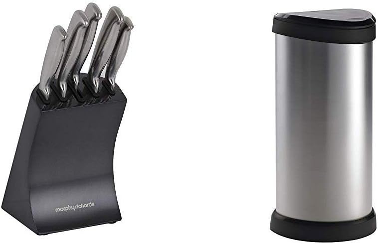 Morphy Richards Accents Knife Block, Satin, Stainless Steel Finish, Titanium, 5 Piece & Curver Metal Effect Plastic One Touch Deco Bin, Silver, 40 Litre