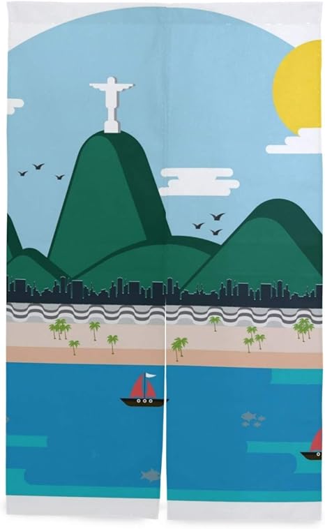 Amazon Saiaos 間仕切り のれん 漫画ブラジルコパカバーナビーチベクトルイラスト リビング階段や玄間 ロング暖簾 キッチン 窓 リビング おしゃれ かわいい インテリア 目隠しドアカーテン のれん オンライン通販