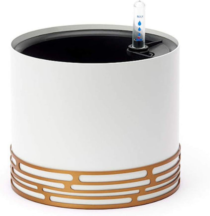 SOW UNIQUE Self Watering Planter for Indoor use. Modern 7 Inch Solid Aluminum Leak Proof Designer Pot + Stylish Decorative Band Stand for Home or Office Plants, Flowers & Succulents (White/Gold)