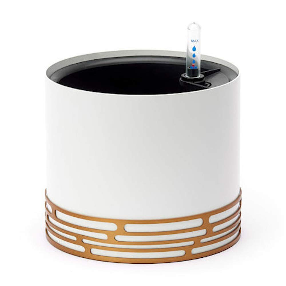 SOW UNIQUE Self Watering Planter for Indoor use. Modern 7 Inch Solid Aluminum Leak Proof Designer Pot + Stylish Decorative Band Stand for Home or Office Plants, Flowers & Succulents (White/Gold)