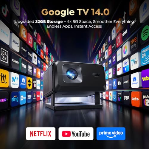 Smart Projector 4K【Google TV 14.0 & Dolby】Short Throw Mini Projectors with Auto Focus & Keystone|Compatible with Netflix|HDR10,Portable Outdoor Projecteur with WiFi & Bluetooth for Movie/Home/Bedroom