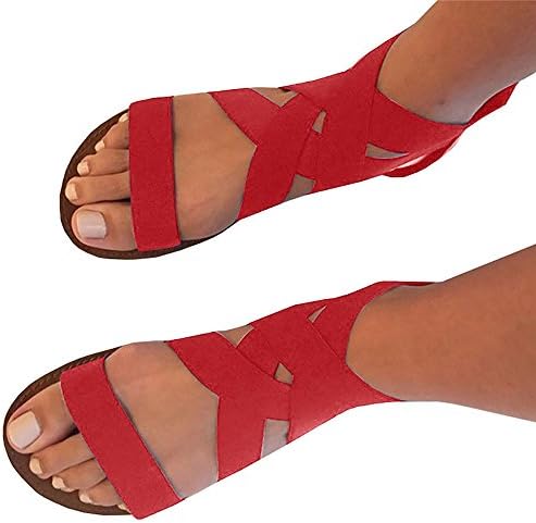 Feshare Womens Summer Flat Sandals Elastic Ankle Strap Open-Toe Gladiator Red 9.5 B(M) US 