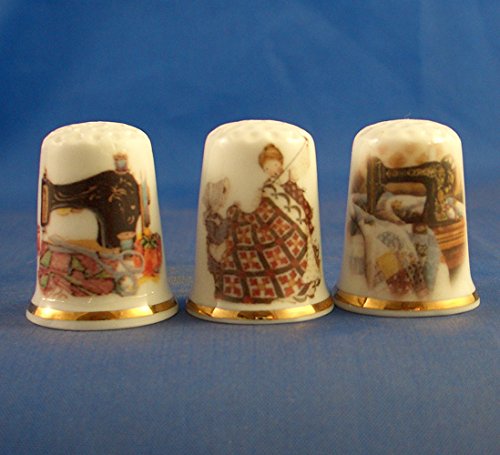 Porcelain China Collectable - Set of Three Thimbles - Quilting