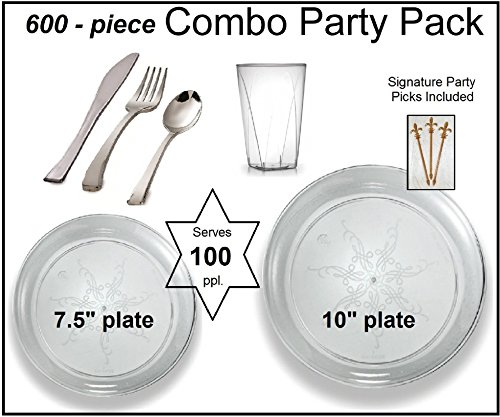 Party Combo Pack-600 Pieces, Premium Plastic CLEAR Plates, Silver Cutlery, Clear Tumblers w/Bonus FDL Picks - SERVES 100