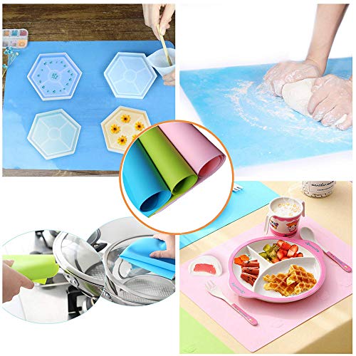 ONDY 3 Pack A3 Extra Large Silicone Sheet for Crafts Jewelry Casting Molds Mat, Food Grade Silicone Placemat, Waterproof Nonstick Heat-Resistant Mat (15.7X 11.8 inch) (Blue & Pink & Green)