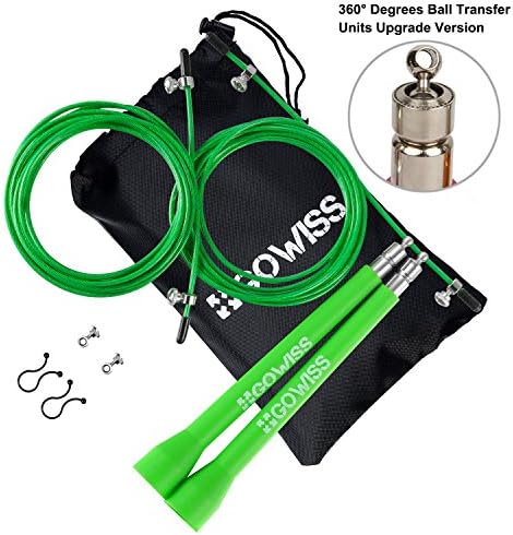 Gowiss Jump Rope - High Speed Bearing Adjustable Cable Cover with PU - Double Spare Cable &amp; Screw Kit + Storage Bag,Boxing,Cross Training Fitness and Cardio (New Green)