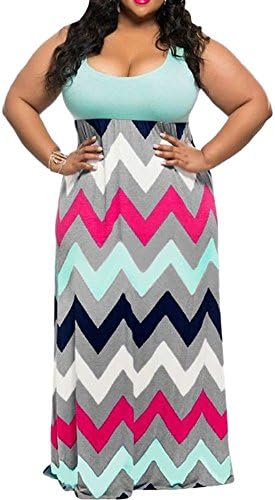 PJTOP Women's Multicolor Zigzag Printed Color Blocked Maxi Long Dress Green 3XL