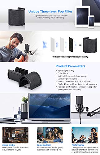 Pop Filter,Aokeo [Upgraded Three Layers] Metal Mesh & Foam & Etamine Layer Microphone Windscreen Cover Handheld Mic Shield Mask,Microphone Accessories for Vocal Recording,Youtube videos,Streaming - Thumbnail 6