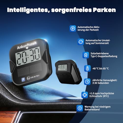 WhiteRhino Electronic Parking Disc, KBA Approved, Digital Parking Disc with E-Mark, with Two Displays, Automatic Parking Time Detection, Solar & Type-C, Car Switch to Summer Time, Car Accessories (1 Piece)