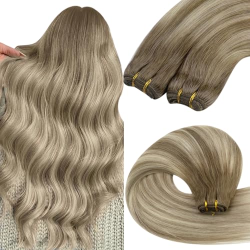 YoungSee Tressen Echthaar Ombre Echthaar Tressen 40 cm 100g Haartressen Echthaar Braun Balayage Blond Weft Extensions Echthaar Tressen zum Einnähen We