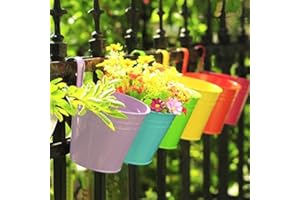 KINGLAKE Flower Pots,10 Pcs Metal Iron Hanging Flower Plant Pots Balcony Garden Plant Planter Baskets Fence Bucket Pot 4'' Flower Holders with Detachable Hook