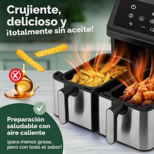 ProfiCook® Freidora de aire caliente 2 cámaras | Airfryer | 9 litros | con sistema de preparación simultánea | freír sin grasa | Freidora de aire caliente | recipiente antiadherente | PC FR 1296 H