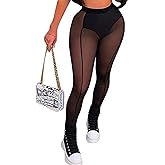 Atyfuniby Womens Leggings High Waisted - Sexy Skinny Mesh See Through Pants Party Clubwear