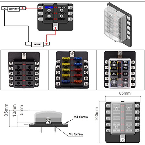 10 Circuit Boat Fuse Box,elecfan 10 Way Fuse Block Waterpoof Cover Blade Fuse Holder 32V Quick Connect Screw Terminal Free Fuses with LED Safety Indicator for Automotive Car Marine Trike (10-way)