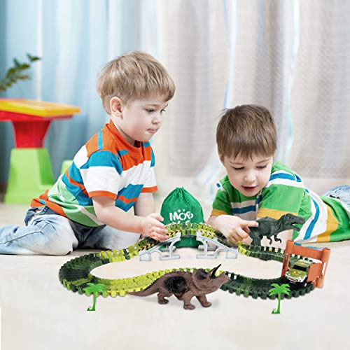 Dinosaur World Race Tracks - 142 Piece Playset, Toy Slot Car & 2 Dinosaur Toys + Storage Bag - Create a Jurassic Road Park Track with Bridge and Gate, for All Kids, Boys & Girls - Thumbnail 4