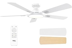 TCL Ceiling Fans with Lights, 52 Inch Low Profile Ceiling Fan with Light and Remote Control, Flush Mount, DC Reversible Motor, Noiseless, 6 Speeds Ceiling Fan for Bedroom (White)