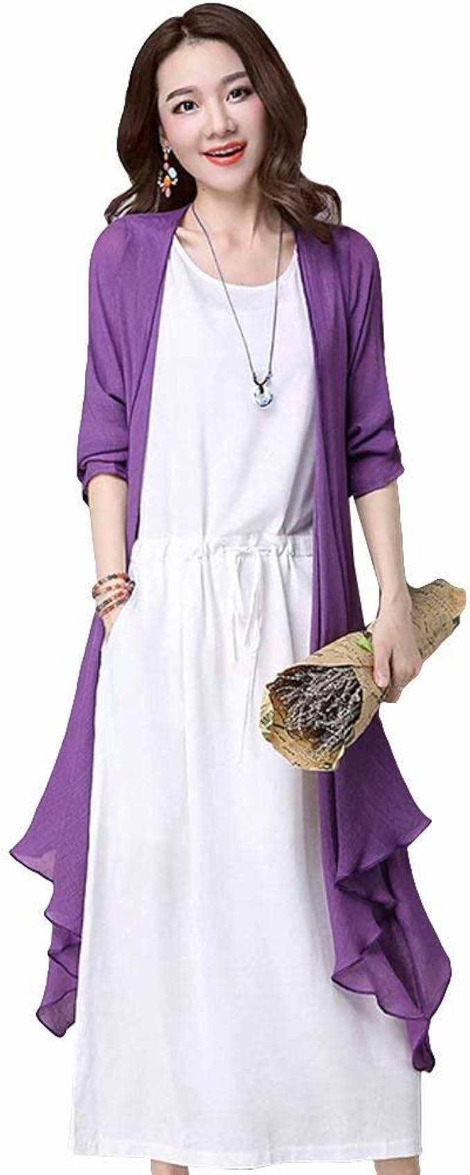 Amazon Kumi レディース 綿 2点セット ロングワンピース ジャンパー ワンピース 薄カーディガン ファッション ワンピース チュニック 通販