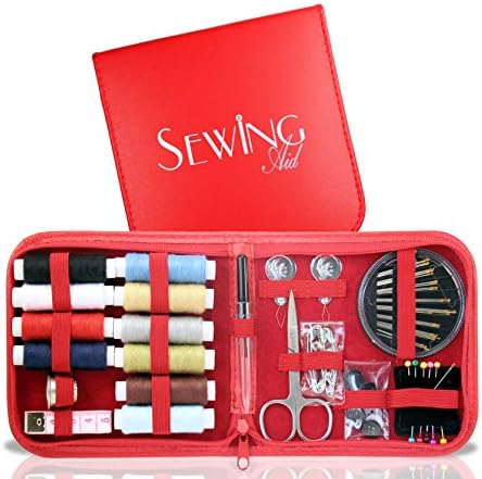 Sewing Aid Kit, Small Red Case with 72 Best Supplies for Emergencies, 1000 yds of Threads & Self-Threading Needle, Great Gift for Travelers, Kids & College Students, E-book for Beginners Included