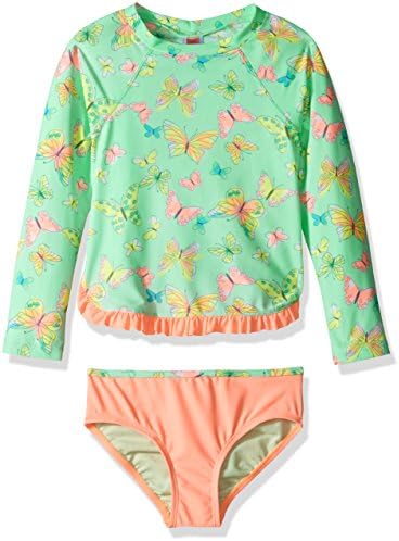 Hulu Star Little Girls' Toddler Dreamy Butterfly Two Piece Rashguard Swimsuit, Mint, 4T/4