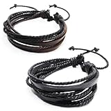 Forfamilyltd 2-pack + Extra Bracelet Gift Leather Rope Black & Brown Unisex Surfer Wrap Bracelets - Adjustable Wristband