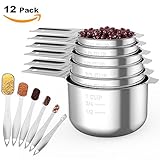 Homgeek Measuring Cups and Measuring Spoons set, Stainless Steel Measuring Cups and Spoons Set of 12, Liquid Measuring Cup or Dry Measuring Cup Set, Stainless Measuring Cups, Kitchen Metal Nesting Cup