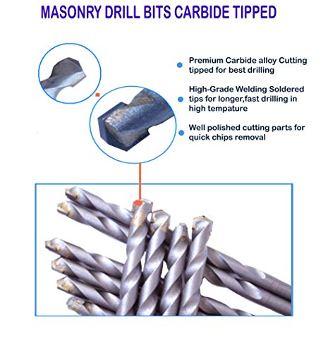 10Pcs 5/32 Inch with 3-1/2 Length Carbide Tipped Masonry Concrete Drill Bit Sand Blasted with Half Flat Shank Use on Masonry, Stone, Ceramic Tile, Bricks, Concrete and Marble